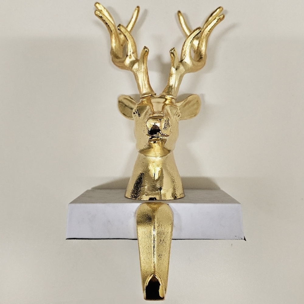 Rare Vintage Gold Tone Reindeer Stocking Hangers 7 1/2" Set